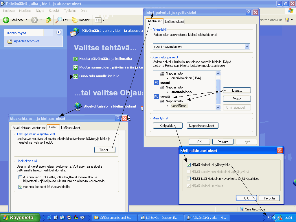 Näytönkuva kyrillisten käyttöönotosta Windows XP:ssä